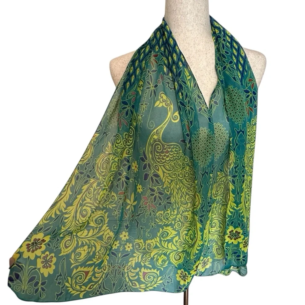 Liang Dian Silk Blend Rectangular Teal & Gold Peacock Scarf - 20” x 59”